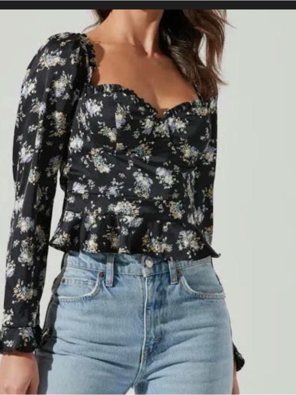 Astr Black Floral Sweetheart Peplum Blouse